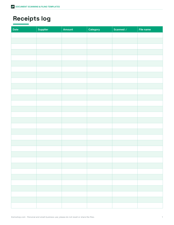 Preview of Printable Receipts Log