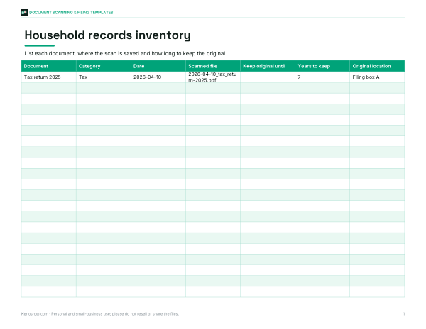 Preview of Printable Records Inventory Sheet
